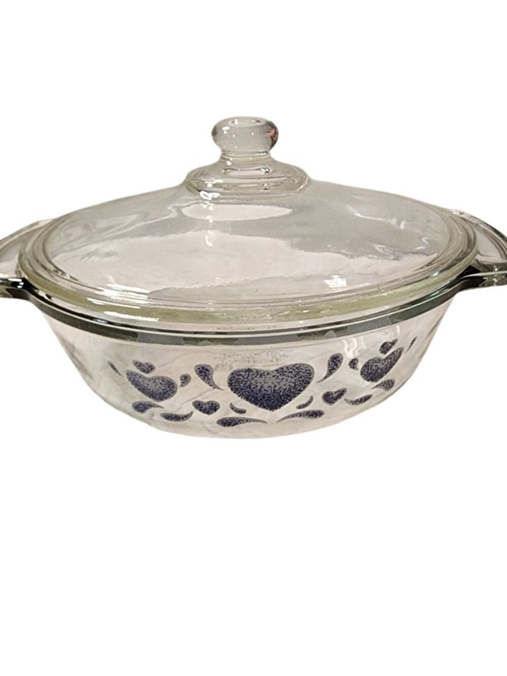 Anchor Hocking Ovenware Round Casserole Blue Hearts Clear Glass